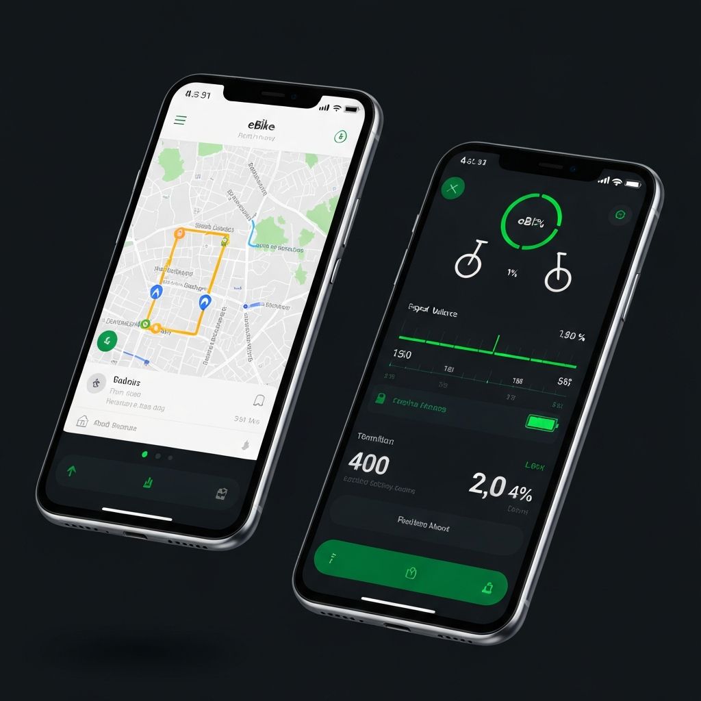 App screens showing route map and bike stats